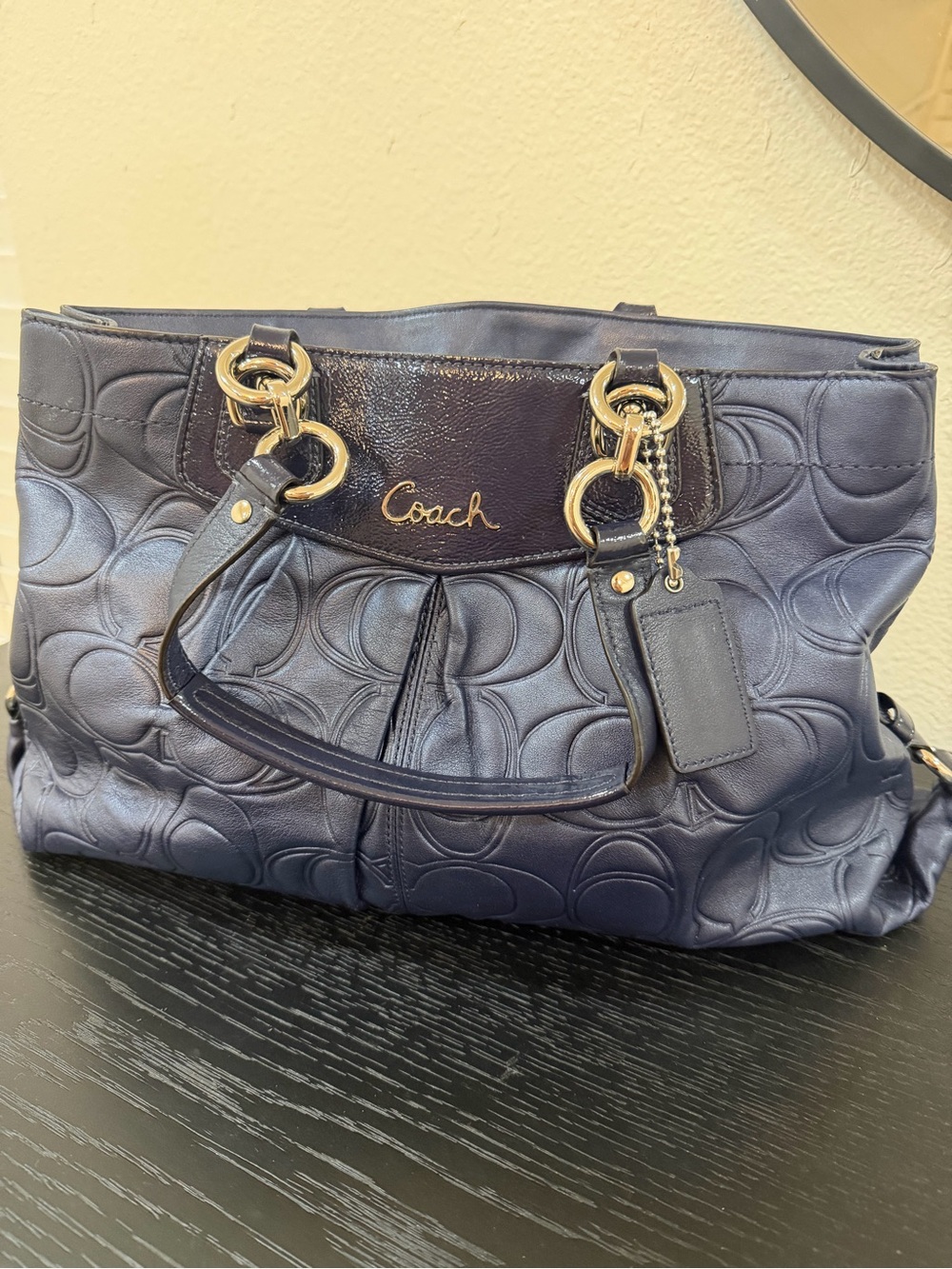 Coach Navy Embossed Signature Tote with Gold Accents